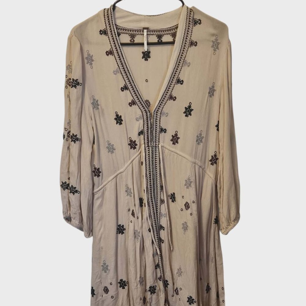 Free People Star Gazer Embroidered Boho Mini Dress in Neutral Combo Size L